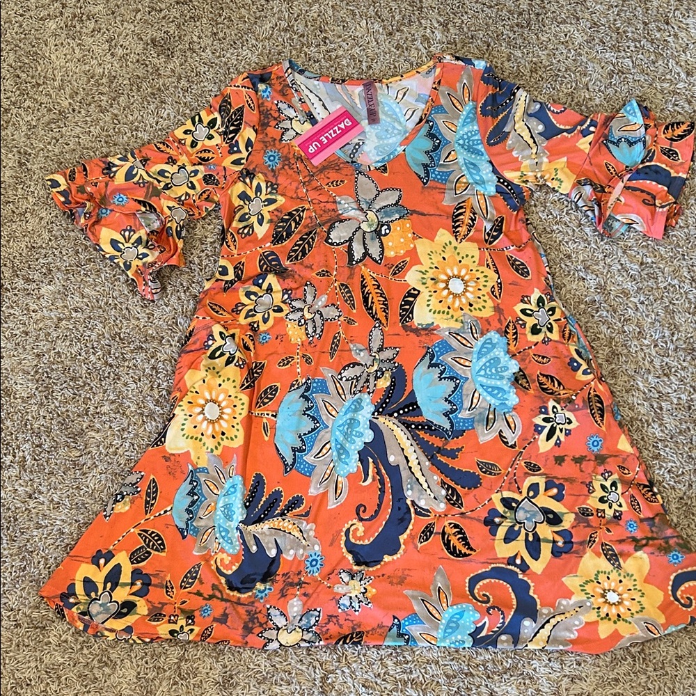 Vibrant Orange Floral Midi Dress - Size S